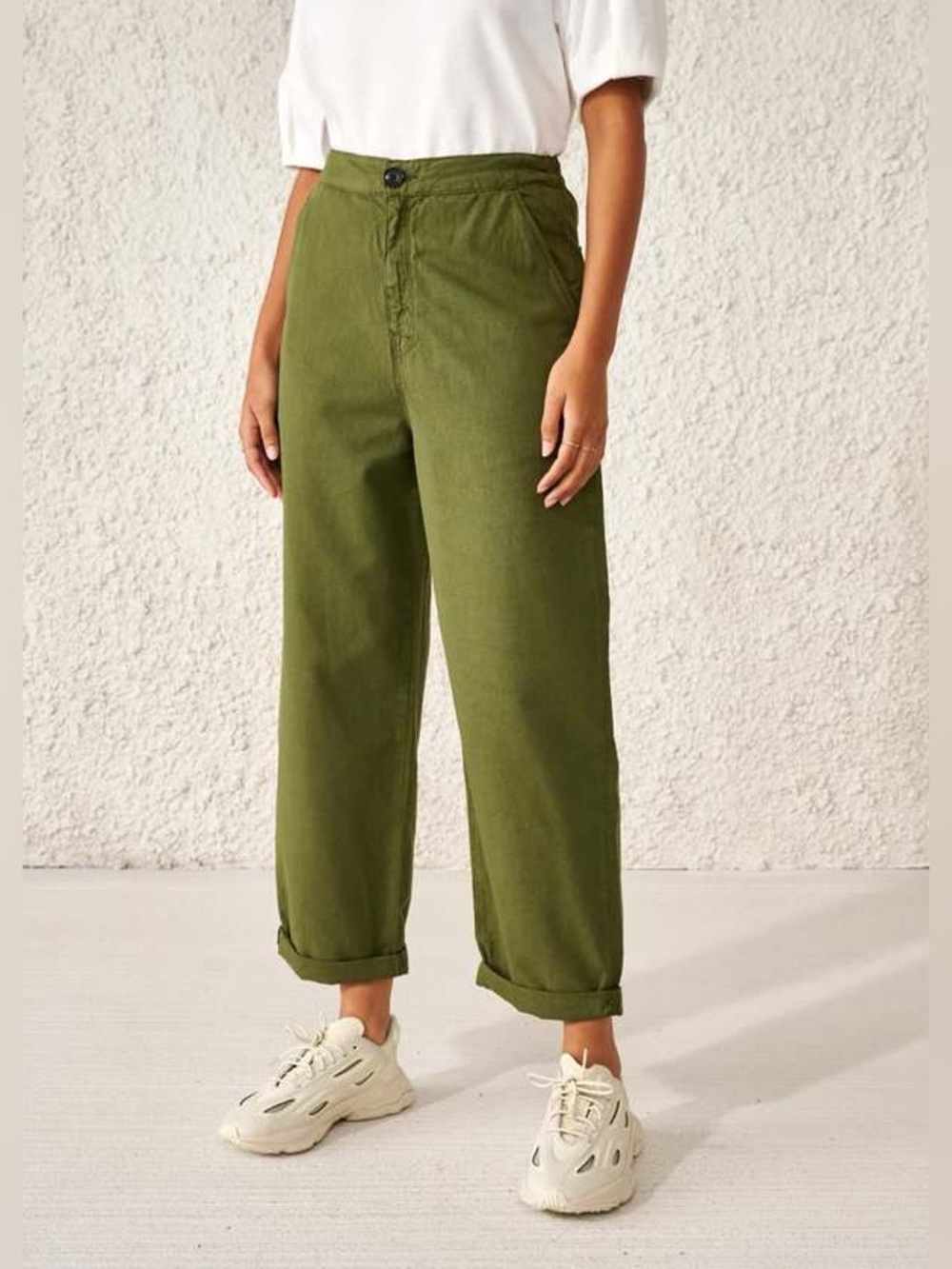 Bellerose Pasop Relaxed Trousers in Army Green Cotton Linen Stretch Straight Leg
